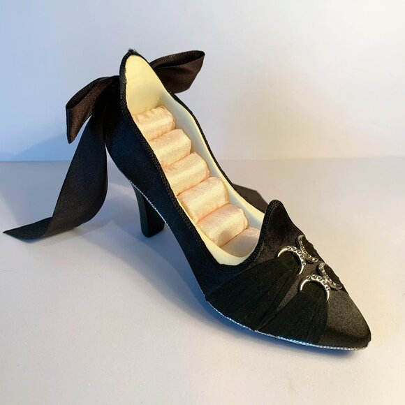 Ring Holder—Black High Heel Shoe—Black Satin & Velvet with Bow & Crystals - Picture 1 of 9